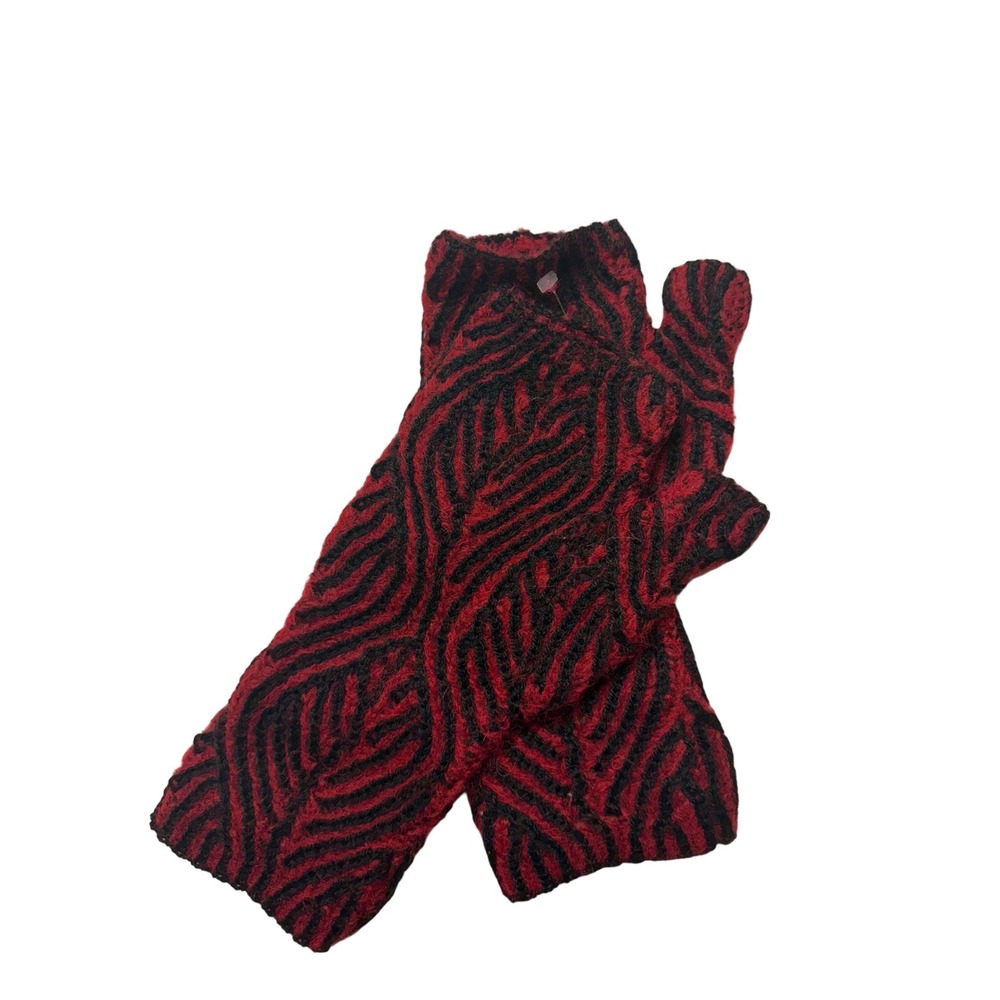 NWT Tey-Art Handcrafted‎ Fingerless Gloves Red Black Zebra Pattern Alpaca Blend